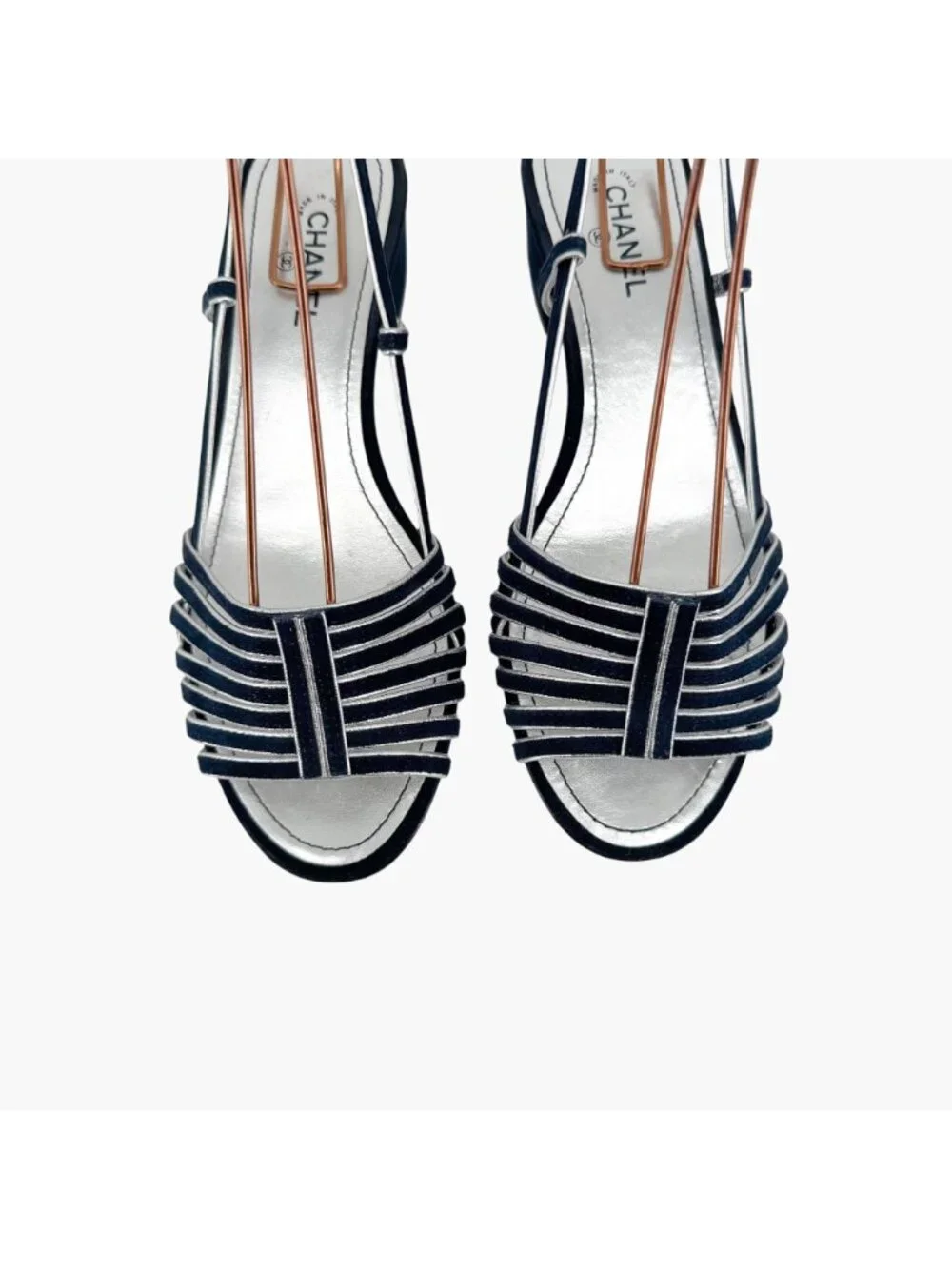 Chanel CC Strappy Slingback Sandals Block Heel Navy Blue Silver Size 37 US 6-6.5